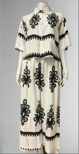 Cotton Casual Print Collar Down Crop Shirt With Loose Pants